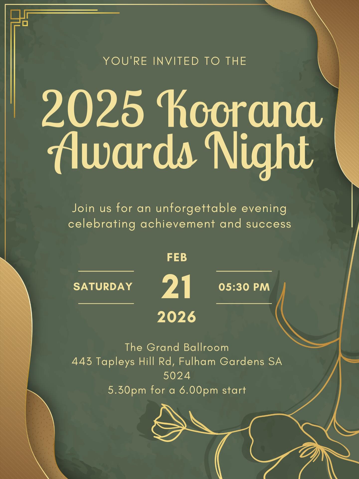 ⚜️ Koorana Gymnastics is inviting YOU along to our 2025 Koorana Gymnastics Awards Night: Tickets on sale until Sunday 8th!

👏🏆 Join us in celebrating the hard work, dedication and inspiring performances of our MAG, WAG and TeamGym athletes throughout the year! 

⭐️ Follow the trybooking link for further event details, ticket sales and more: https://www.trybooking.com/DJCGP