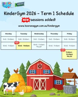 🚜🧑‍🌾 As we head into week 2 of 2026 we are introducing two BRAND NEW KinderGym session times! Come and join us on Tuesdays at 10:45am (all ages welcome!) and Fridays at 11:45am (3-5yrs only)! 🤸🏻‍♀️

Play is essential to children’s development - it helps build confidence, social and physical skills and above all it’s fun! In KinderGym sessions, parents are a play-mate, a role-model and a source of ideas and encouragement for our tiny but mighty explorers. 

We offer punch passes, so you only pay for the sessions you attend, allowing you to make use of our whole venue (trampolines, bars, climbing frames, ropes, foam pit and more!) when life’s busy demands allow it!

*KinderGym PLUS is for 3-5 year-olds and provides a more structured environment building on the Gymnastics Movement Patterns to learn some basic gymnastics shapes and skills*