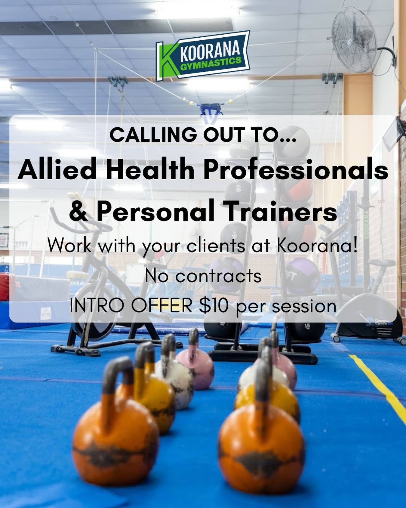 📣 Calling all occupational therapists, exercise physiologists and personal trainers!
Bring your clients for individual (1:1) movement based sessions. Available to registered OT’s and EP’s plus fully insured Fitness Professionals (minimum Cert IV in Fitness) - for programs relating to therapeutic movement, including rehab, strength and conditioning, and fitness training.
Intro Offer:
• Intro companion pass for $10 per visit until August 30, 2026.
• Afterwards, very competitive rates will apply with no contracts
Space and Equipment:
Koorana Gymnastics is a premium, large, fully equipped and adaptable training facility. In addition to gymnastics apparatus, our facility offers specific equipment suitable for therapeutic purposes and fitness training.
Including: sensory swings, climbing structures, weighted vests, balance and proprioception equipment, therapy bands, foam rollers, yoga mats, exercise balls, kettlebells, dumbells, squat rack, Olympic plate weights, slam balls, medicine balls, trampolines, rings, bars, stall bars, resistance bands, airtrack, exercise bikes, parallel bars, sled, and soft impact areas.
For more information, to arrange a site visit or to get started visit the link in our Bio!