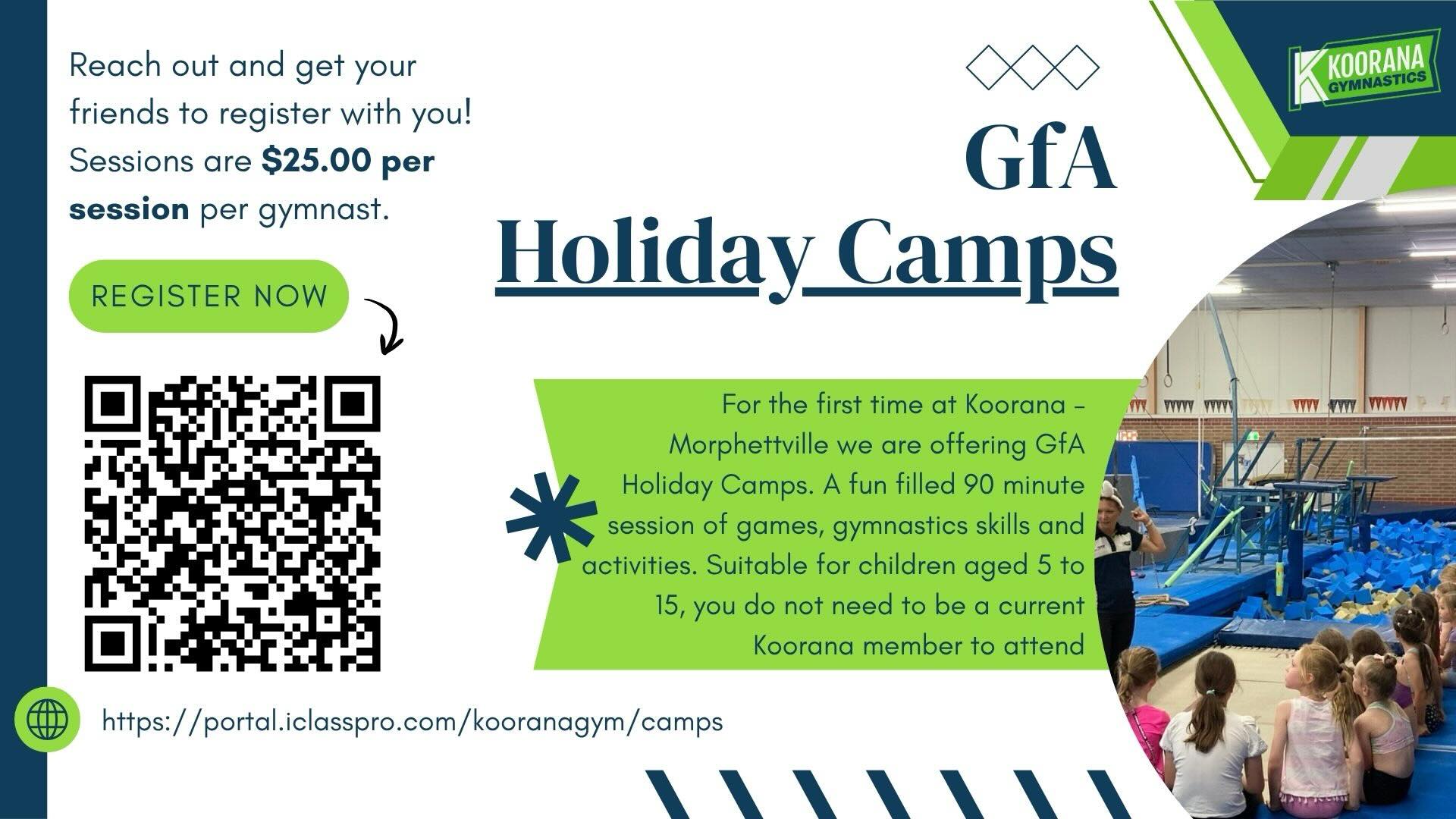 π€Έπ»ββοΈπ GfA Holiday camps β Camps available for registration now!
For the first time at Koorana, Morphettville we are offering GfA Holiday Camps. A fun filled 90 minute session of games, gymnastics skills and activities. Suitable for children aged 5 to 15, you do not need to be a current Koorana member to attend so reach out and get your friends to register as well!
βοΈ Sessions are $25.00 per session per gymnast.
Register here: https://portal.iclasspro.com/kooranagym/camps/17?days=4&sortBy=time
We hope to see you in the gym soon!
#gymnasticsforall #holiday #camps #fun
