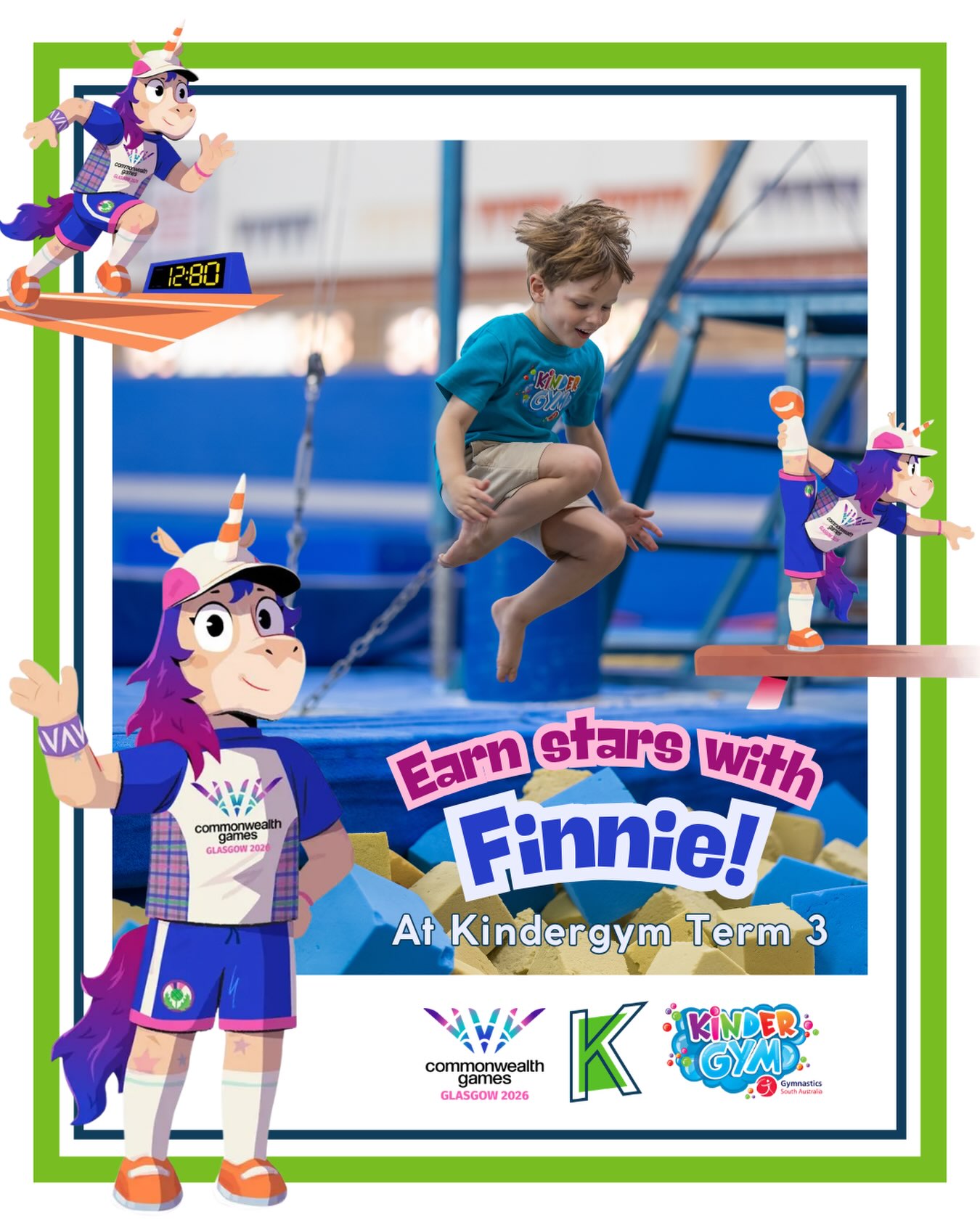 The Commonwealth Games kicks off in Glasgow this week and this term at Kingergym we’re bringing the excitement of the 2026 Games to the gym! 💜🤩

Who better to lead the fun than Finnie the Unicorn, the official Commonwealth Games Mascot! 🦄⭐️

Finnie is big-hearted, full of energy, and loves movement just as much as our toddlers do! Every week this term, Finnie will guide our mini-athletes as they try out new sports; from beam balancing and bar swings to vaulting, jumping, and chasing bubbles! 🤸🏻‍♀️🫧

💚💙 Join us at KinderGym this term and discover the benefits of learning through play and activity with Koorana Gymnastics: 
- Build balance, agility, coordination and other gross motor skills through play based activities! 
- Learn turn taking, celebrating friends and boost confidence as they achieve new skills!
- Busy schedule? Use your KinderGym Punch pass whenever it suits your family!

Bring your little champions to tumble, leap and earn their gold stars with Finnie this week! 🥇🙌

Grab a 5, 10 or 20 session Punch Pass online or at the door;
- 1 Session: $24
- 5 Sessions: $95 
- 10 Sessions: $180 (5 & 10 session passes can be shared between siblings!)

🔗 Link in bio to book today! 

#kindergym #gymnastics #commonwealthgames #glasgow2026 #finnie
