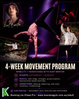 🤸♂️ New Movement Program Alert! Ready to refine your handstands and unlock new levels of mobility? 🚀
Join professional movement artist Kurt Benton for a transformative 4-week adult movement program focused on MOBILITY + HANDSTANDS, starting Saturday, August 1st!
Whether you’re a complete beginner wanting to try something new, or an advanced athlete looking to fine-tune your practice, this program is for you. Kurt’s creative, neuro-science based approach will guide you towards safer, more confident movement—upside down and right-side up!
What’s in store?
✨ Focus on deep body awareness, strength, and range of motion.
🤸♂️ Mastering handstand foundation, shape-shifting, balancing, and safe exits.
🌟 Flexibility for YOU: Book single casual sessions or commit to all 4 weeks! You can jump into the program at any point.
📍 Don’t miss out on this unique opportunity!
👇 Book your spot now at www.kooranagym.com.au/adult (Link in bio!)