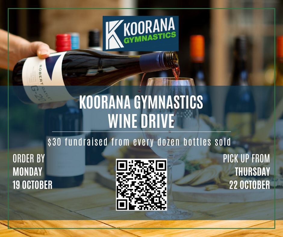 🍷🎉Stock up your wine rack and help reach our fundraising goals with Koorana Gymnastics’ wine drive, LIVE NOW! 

All funds raised will initially go towards the purchase of a brand new MAG Pommel Horse ($2,300 LEFT TO RAISE) Once we smash that target any additional funds raised will go towards the purchase of a new set of WAG Uneven Bars (approximately $7,000) 🍾💪

Every purchase brings us one step closer!

~ ORDERS CLOSE: October 19 ~ PICK UP FROM KOORANA: From October 22
~ ORDER HERE: https://winedrive.com.au/collections/koorana-gymnastics

Tag your wine-loving friends, share this post, and raise a glass to supporting Koorana Gymnastics! 🍷🥂

#winedrive #fundraising #gymnastics #support #community